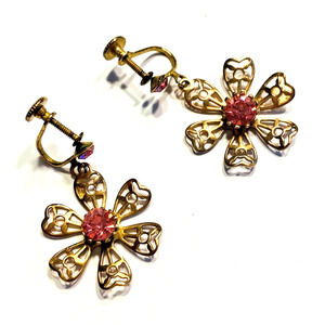 Vintage Screw Back Earrings Mod Hippie Chic Drop & Dangle Gold Flowers Pink Glam